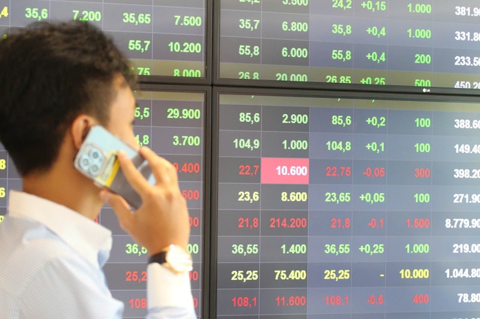 Nhà đầu tư theo dõi bảng giá điện tử tại một công ty chứng khoán